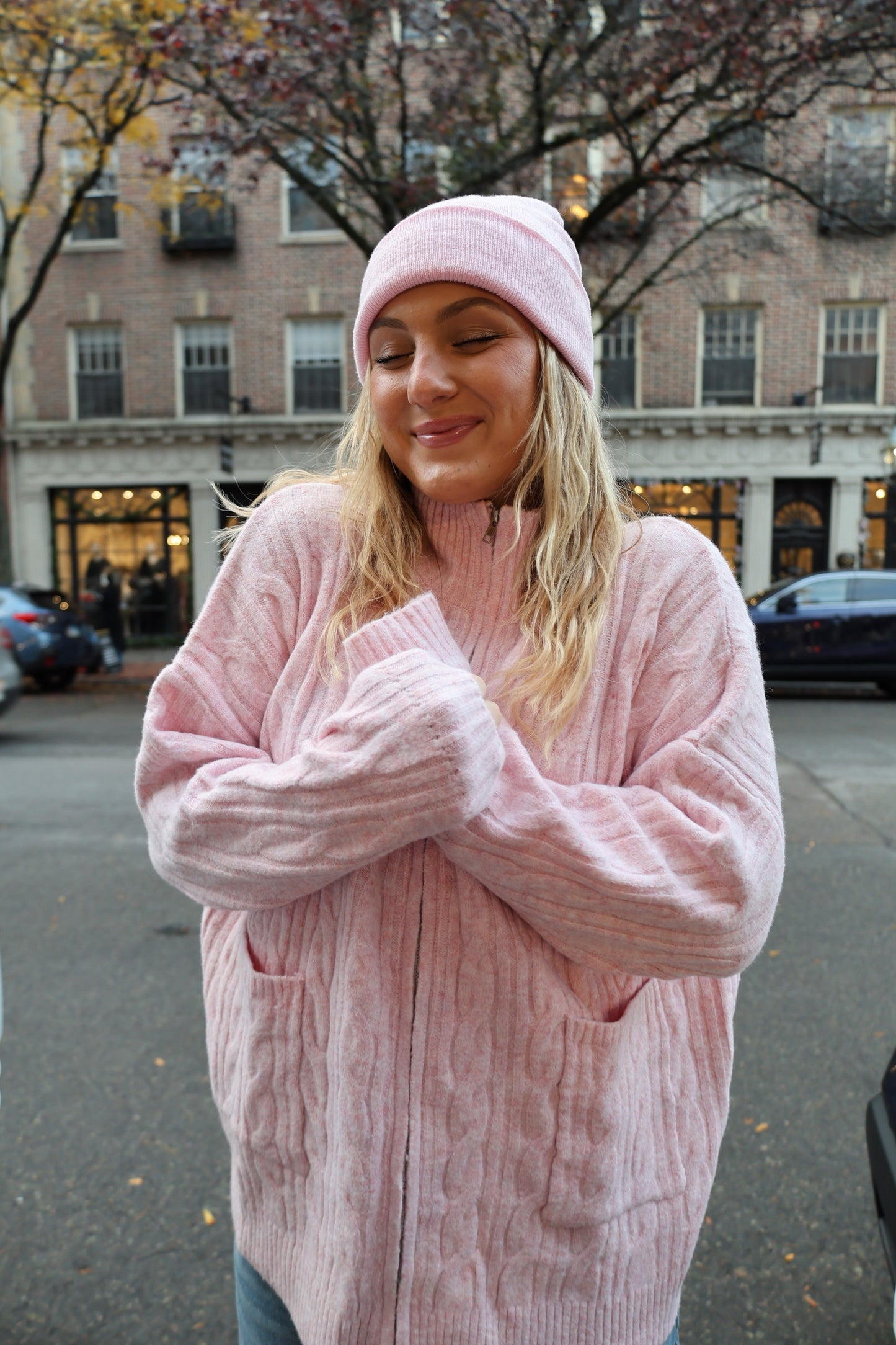 Bubblegum Cable Knit Zip Up